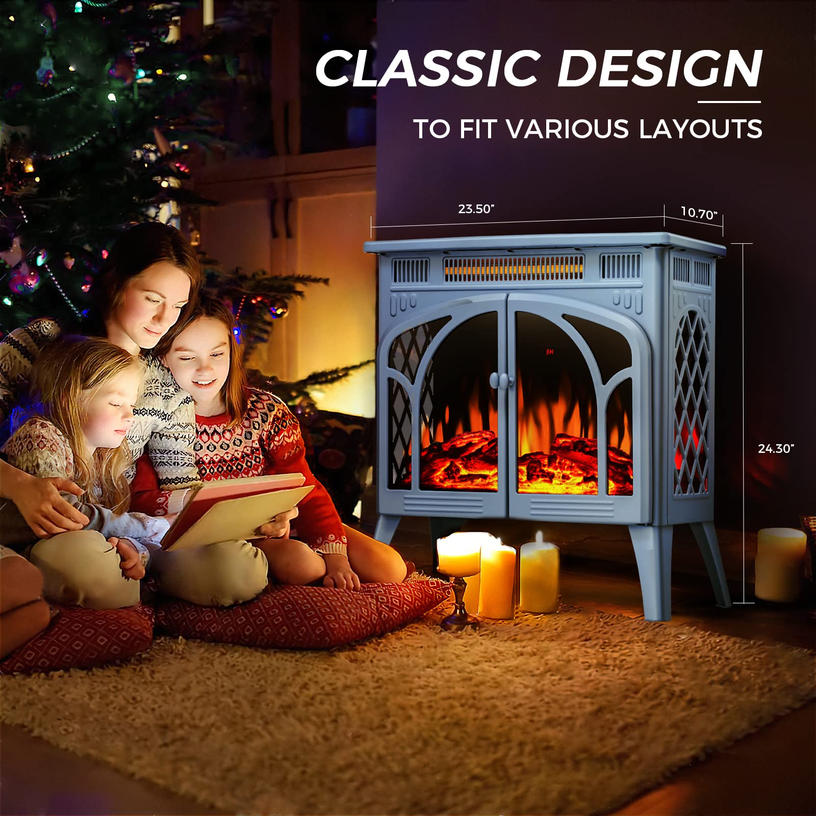 R.W.FLAME 24 Inch Electric Fireplace Stove Heater 1500W Infrared Fireplace Stove w/ 3D Realistic Flame