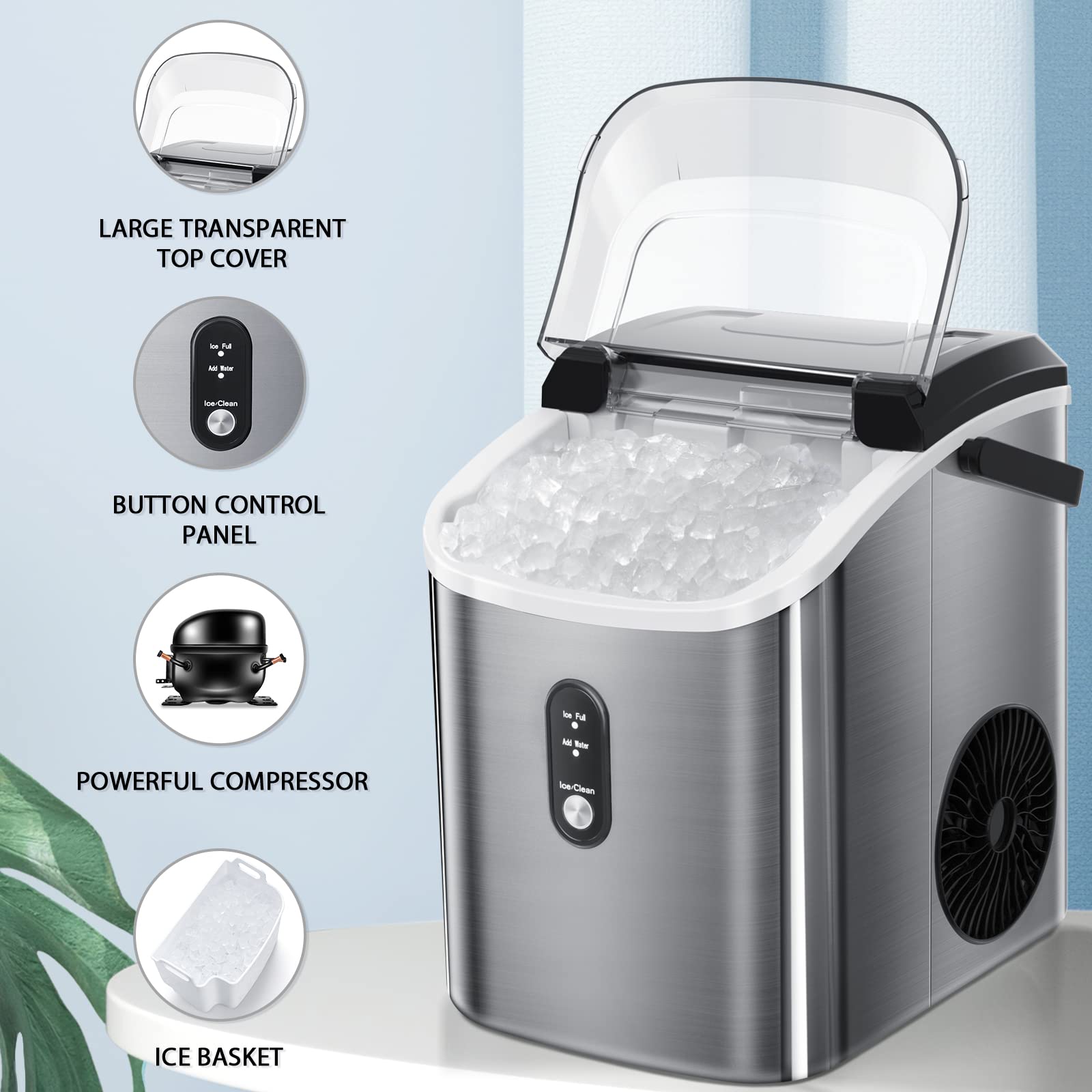 R.W.FLAME Nugget Ice Maker Countertop,Portable Compact Ice Maker Machine with Self-Cleaning Function,33Lbs/24H,for Home/Kitchen/Office/Bar