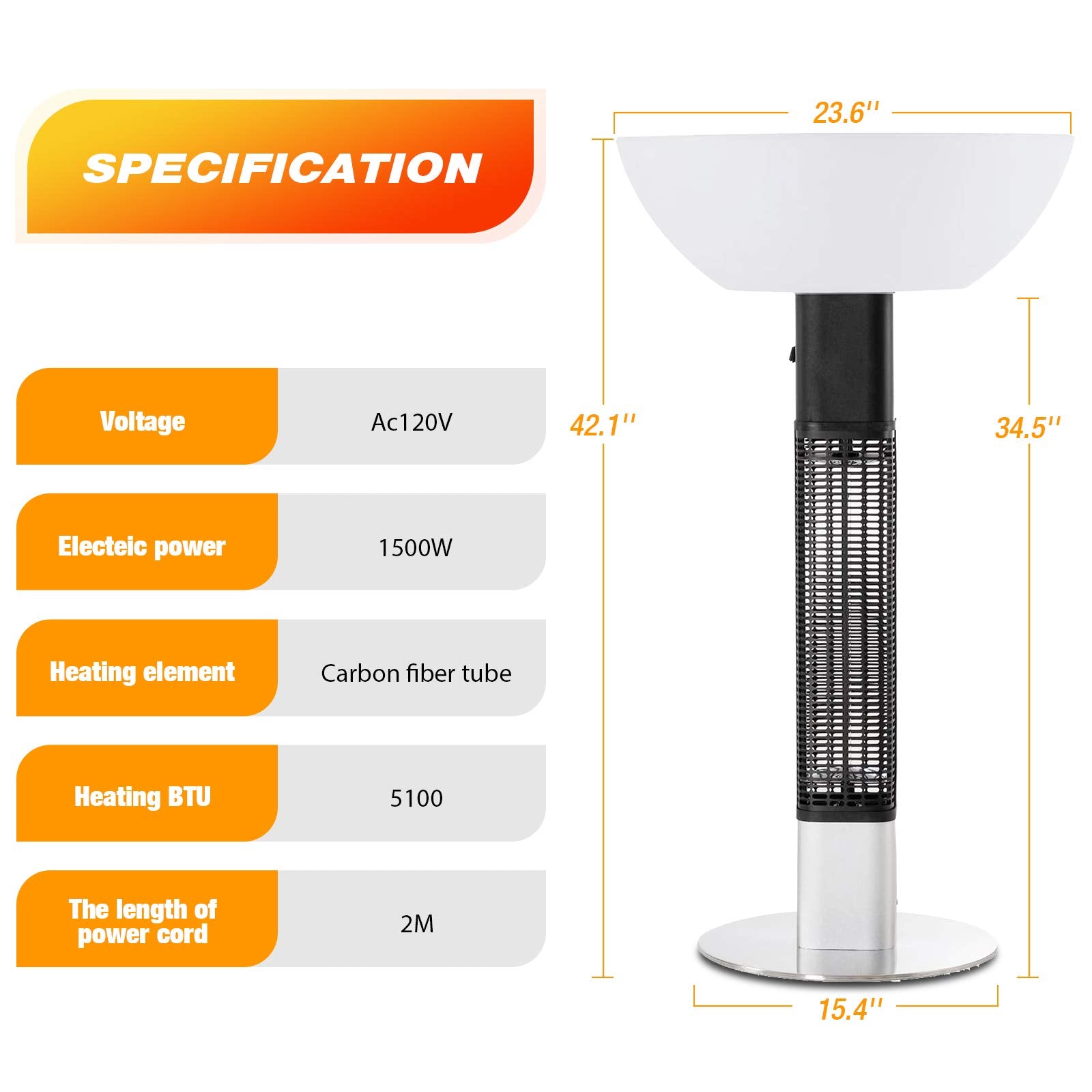 R.W.FLAME 1500W Electric Patio Heater|Waterproof Outdoor/Indoor