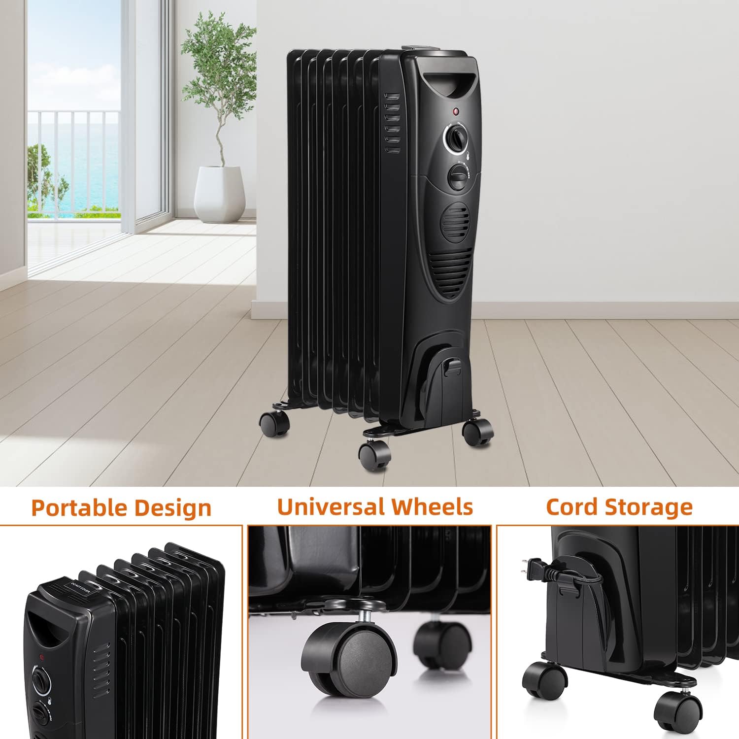 R.W.FLAME Oil Filled Radiator Heater - 3 Heat Settings, Adjustable Thermostat, Quiet and Portable Space Heater with Tip-over