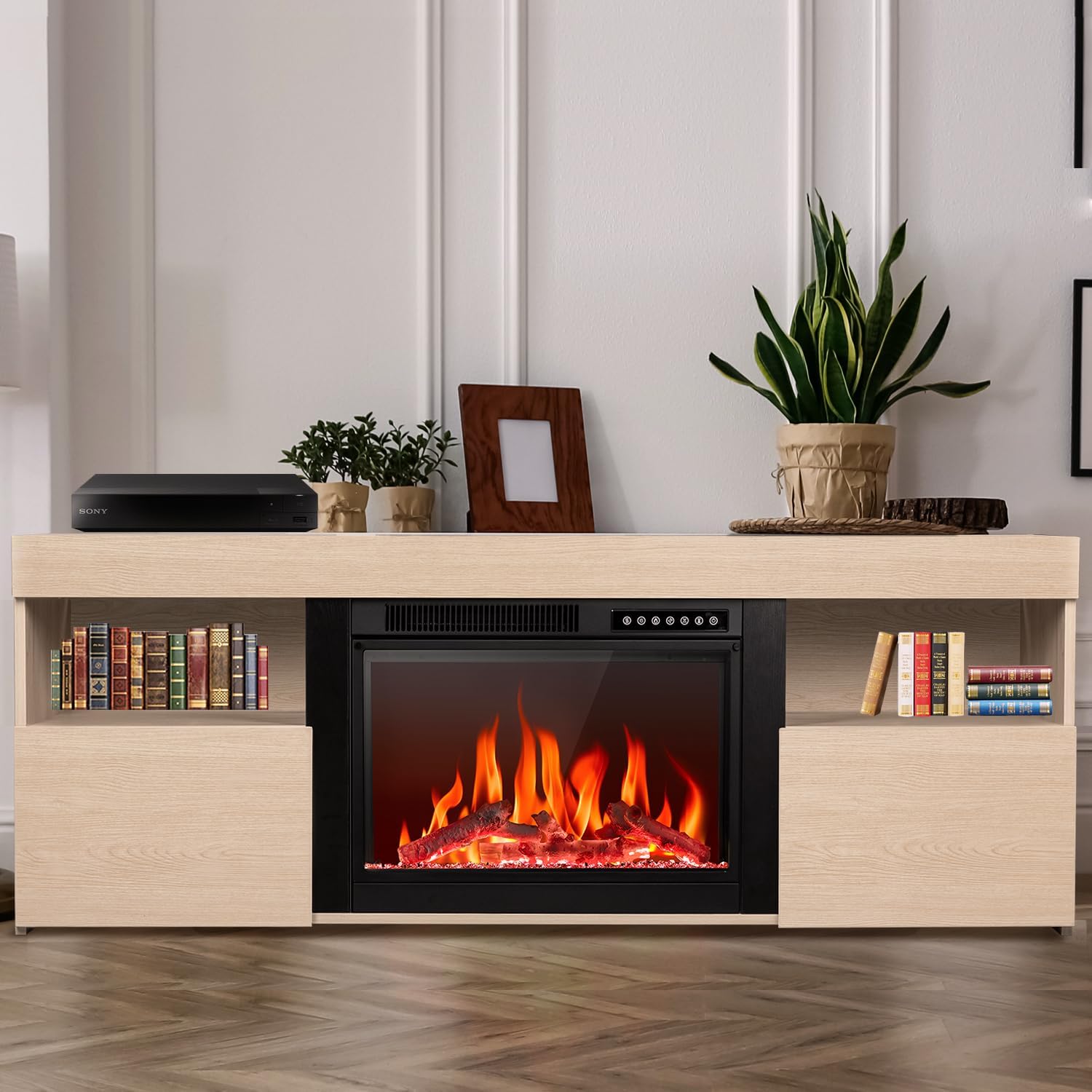 R.W.FLAME 59" Electric Fireplace Mantel TV Stand with Remote, Adjustable Flame, Timer, 750W-1500W