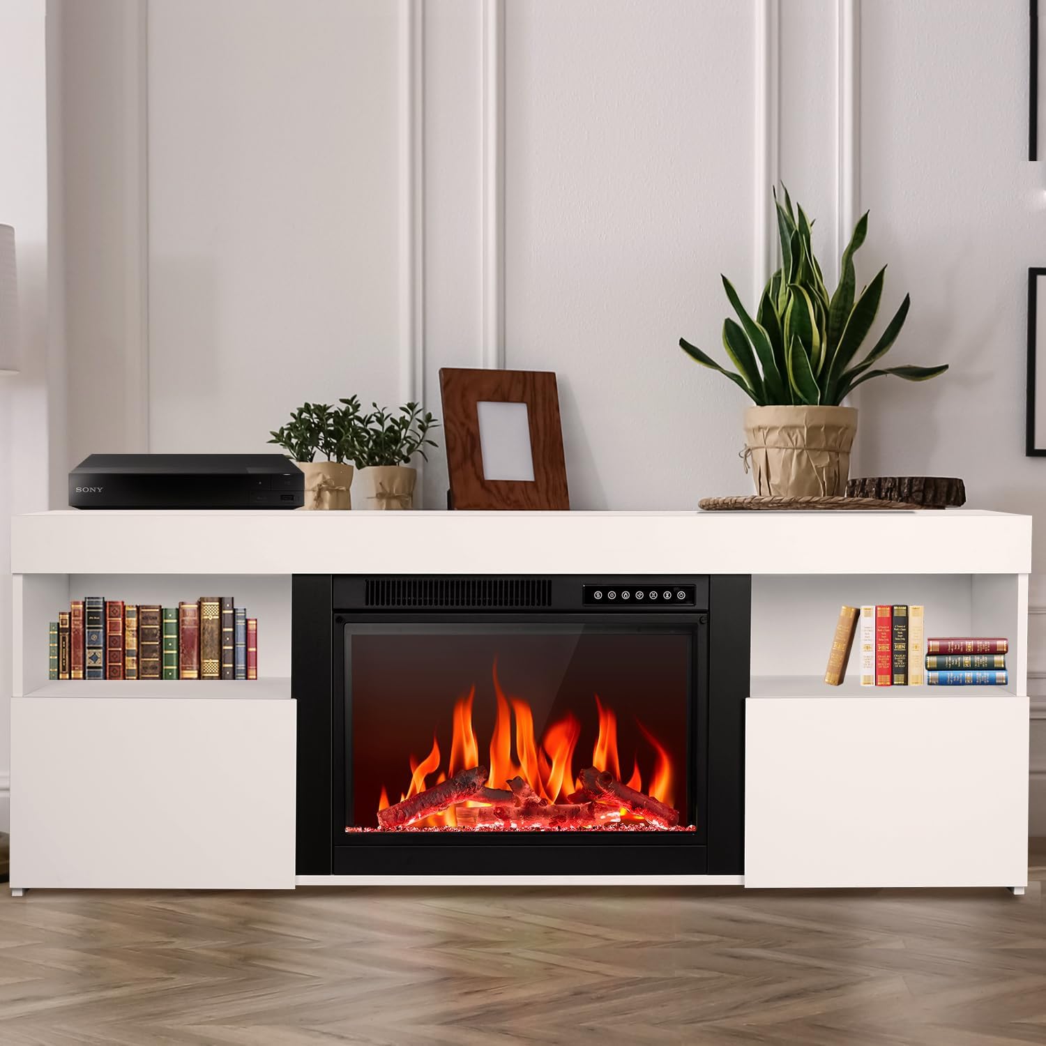 R.W.FLAME 59" Electric Fireplace Mantel TV Stand with Remote, Adjustable Flame, Timer, 750W-1500W