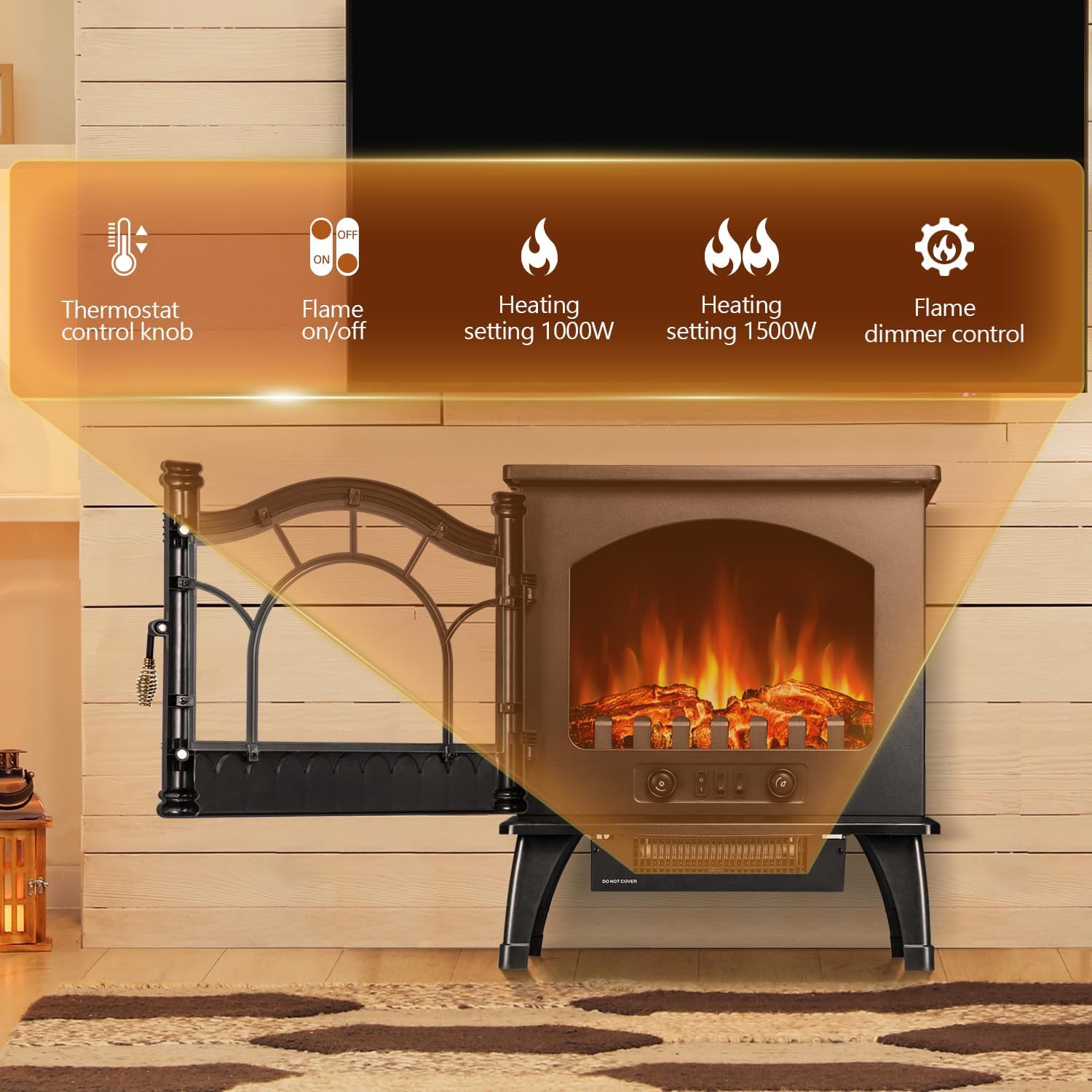 R.W.FLAME 3D Flame Electric Fireplace Stove Heater with Thermostat