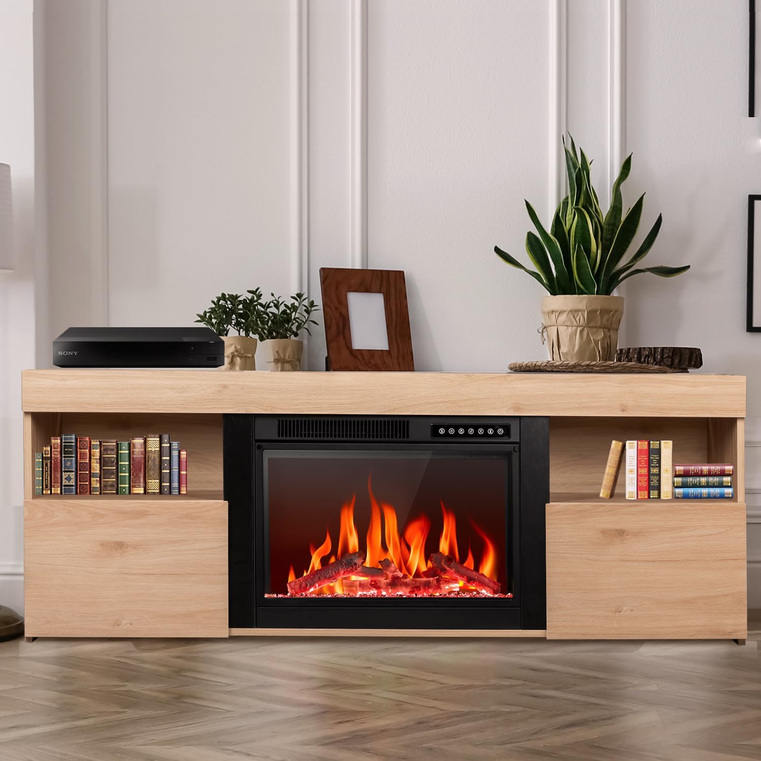 R.W.FLAME 59" Electric Fireplace Mantel TV Stand with Remote, Adjustable Flame, Timer, 750W-1500W