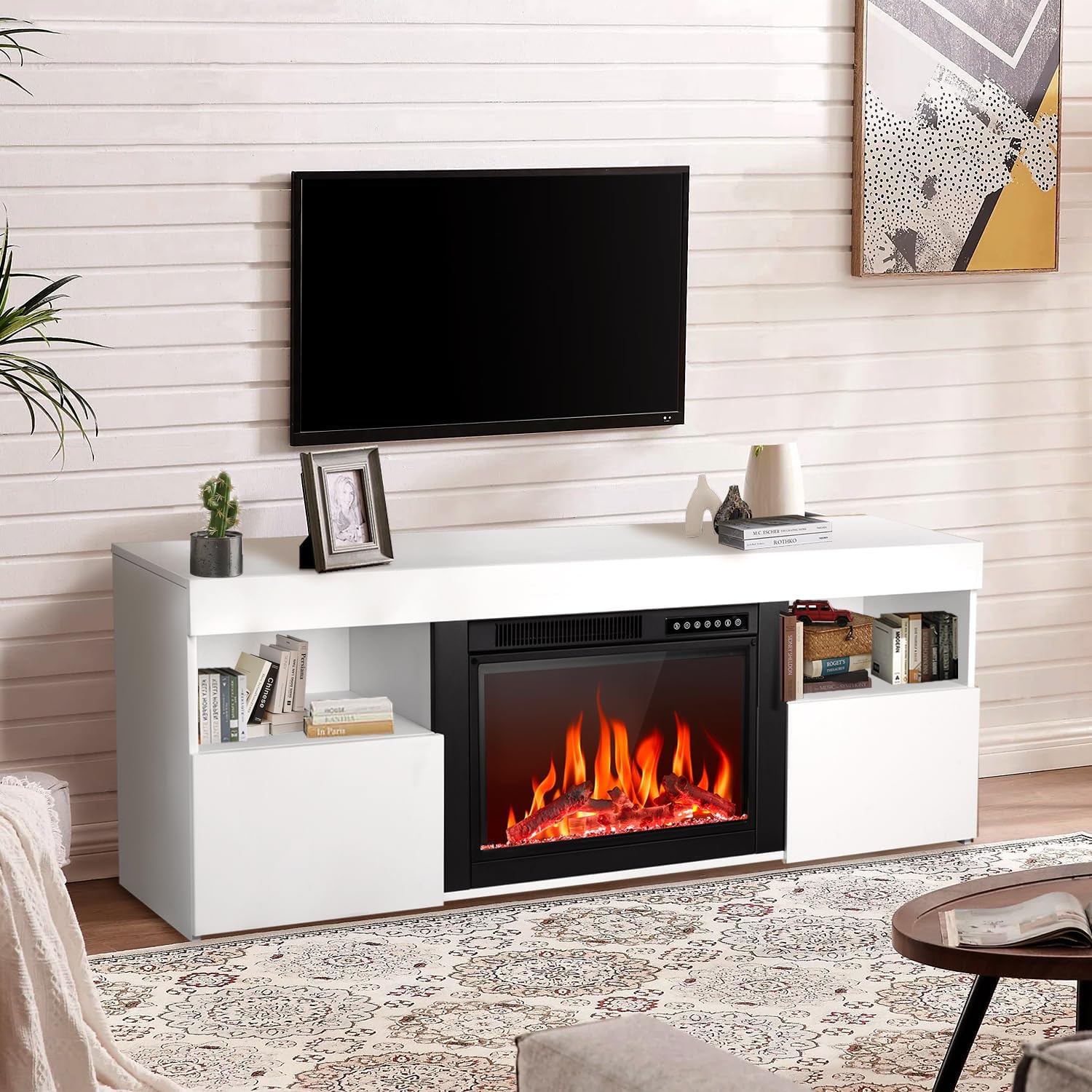 R.W.FLAME 59" Electric Fireplace Mantel TV Stand with Remote, Adjustable Flame, Timer, 750W-1500W