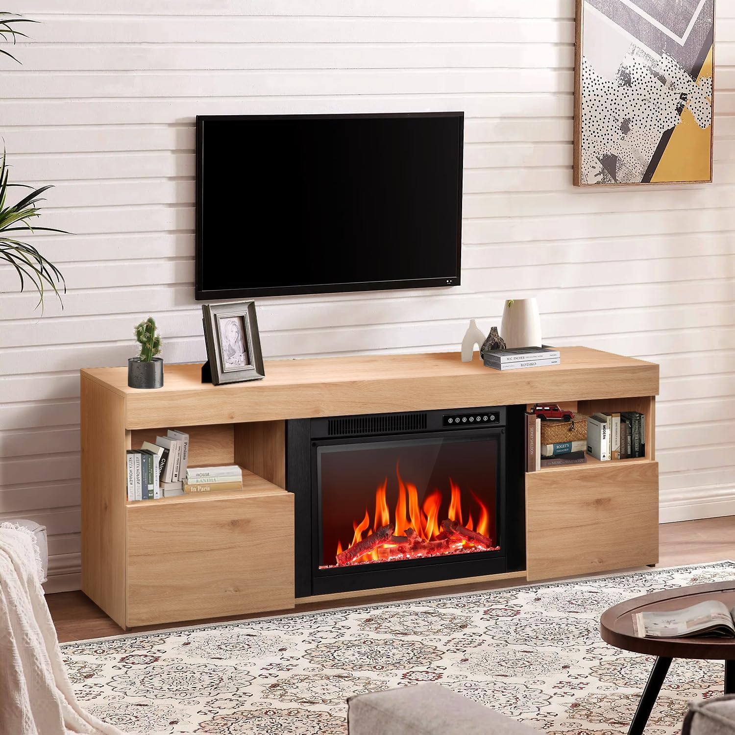 R.W.FLAME 59" Electric Fireplace Mantel TV Stand with Remote, Adjustable Flame, Timer, 750W-1500W
