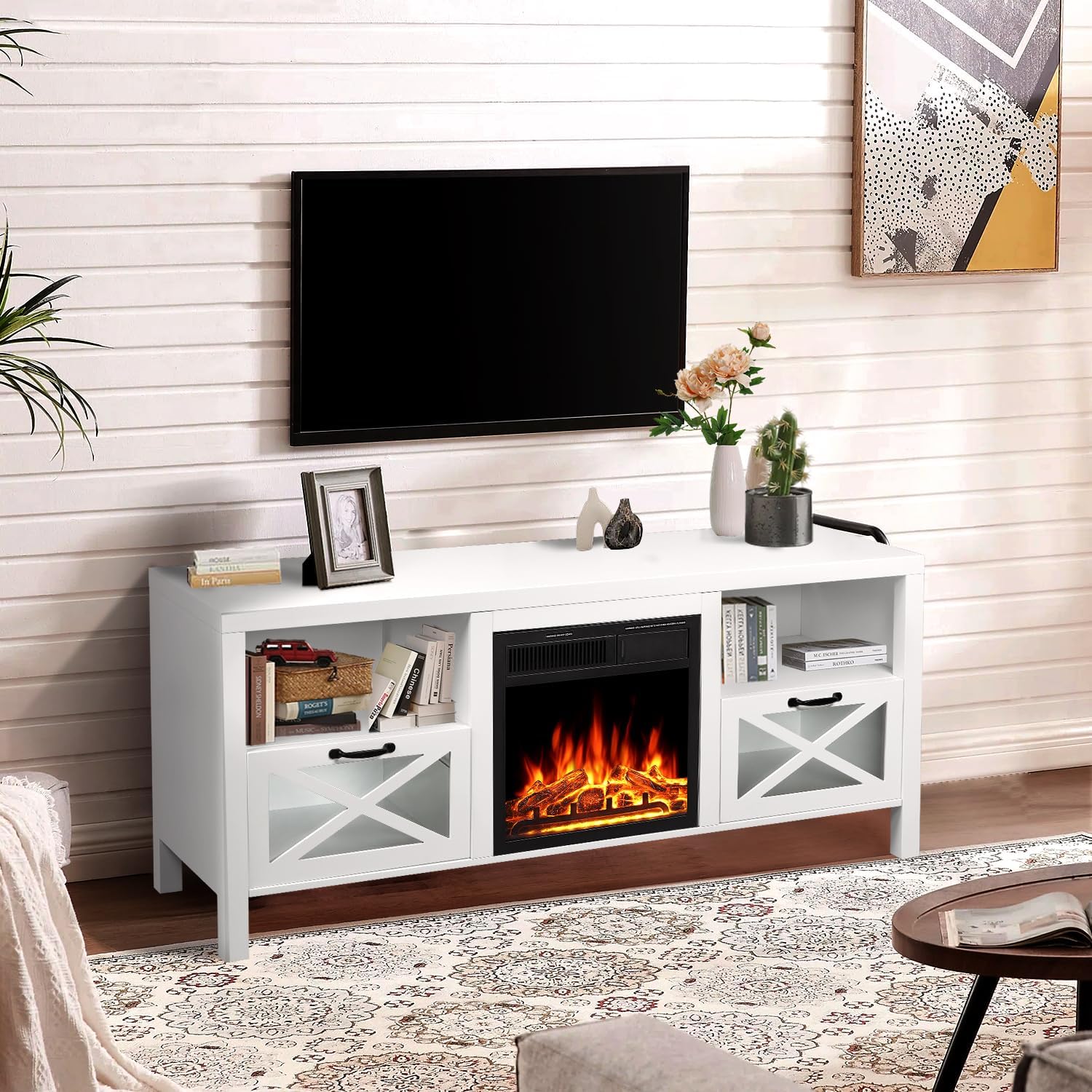 R.W.FLAME 65" Fireplace TV Stand with 20" Electric Fireplace, White