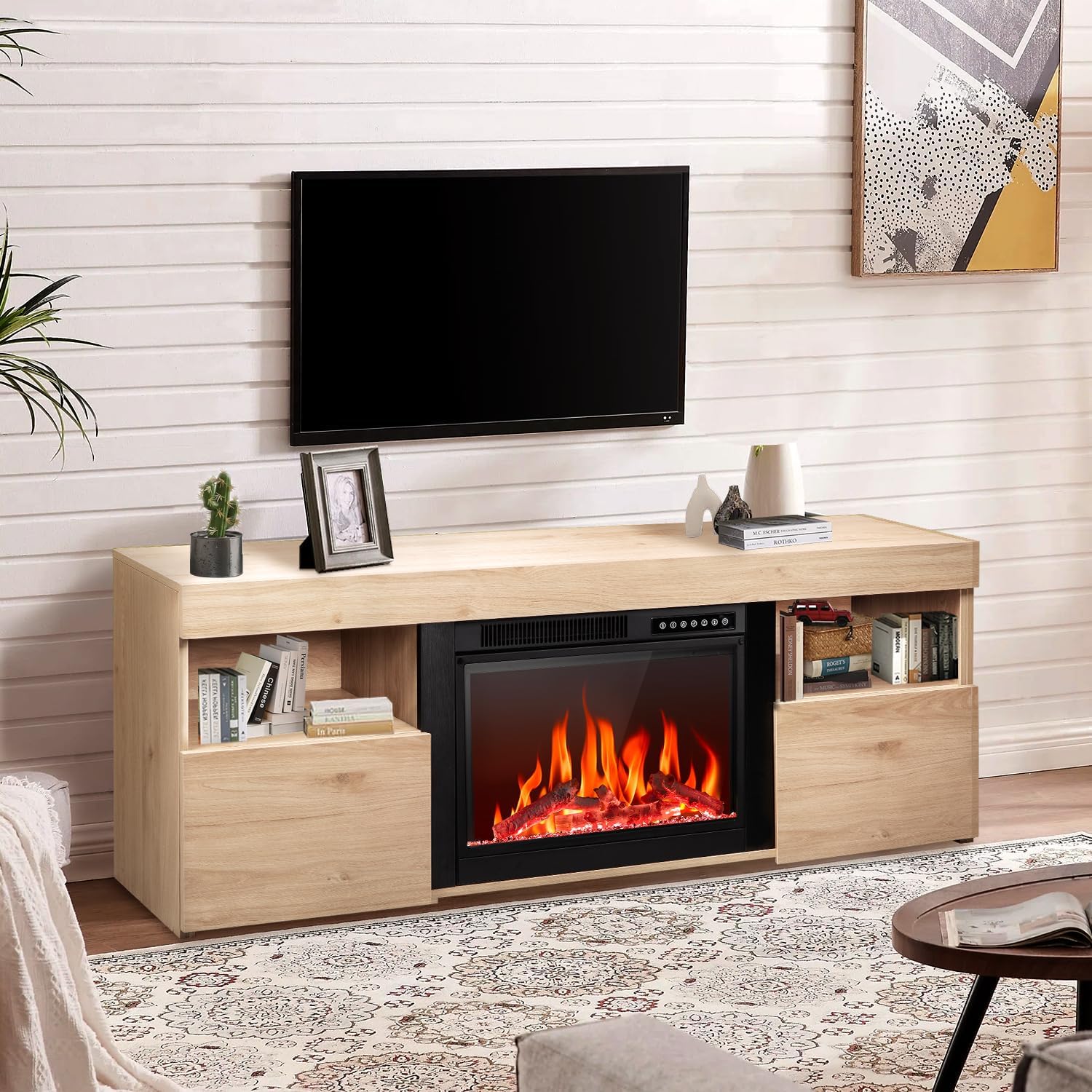 R.W.FLAME 59" Electric Fireplace Mantel TV Stand with Remote, Adjustable Flame, Timer, 750W-1500W