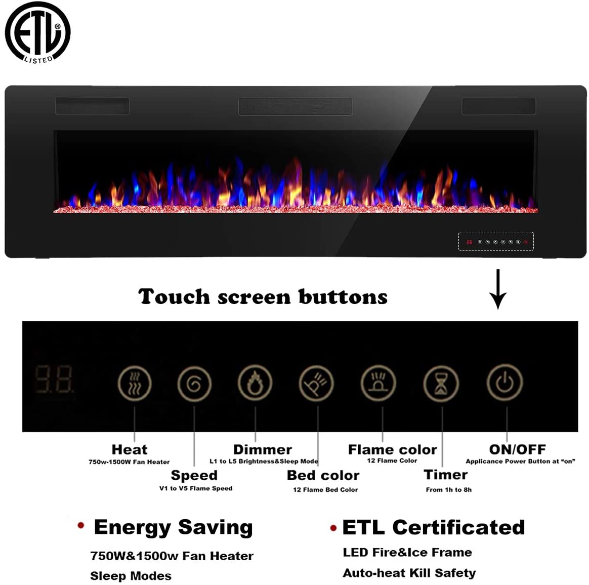 R.W.FLAME Recessed Wall Mounted Electric Fireplace, 750W-1500W