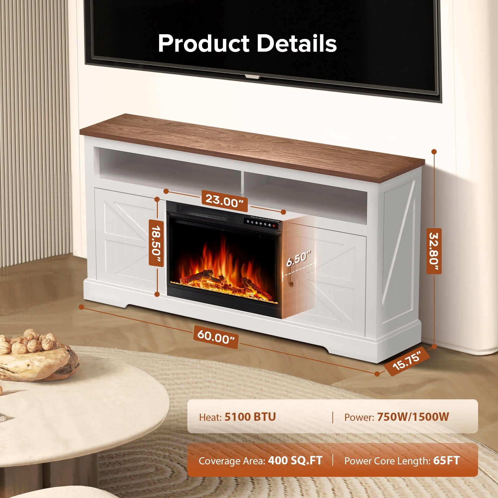 R.W.FLAME 60" Electric Fireplace Mantel with Remote, Adjustable LED Flame, 750W/1500W (White)