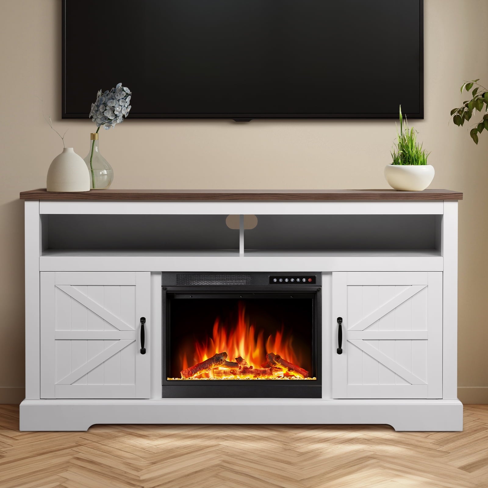 R.W.FLAME 60" Electric Fireplace Mantel with Remote, Adjustable LED Flame, 750W/1500W (White)