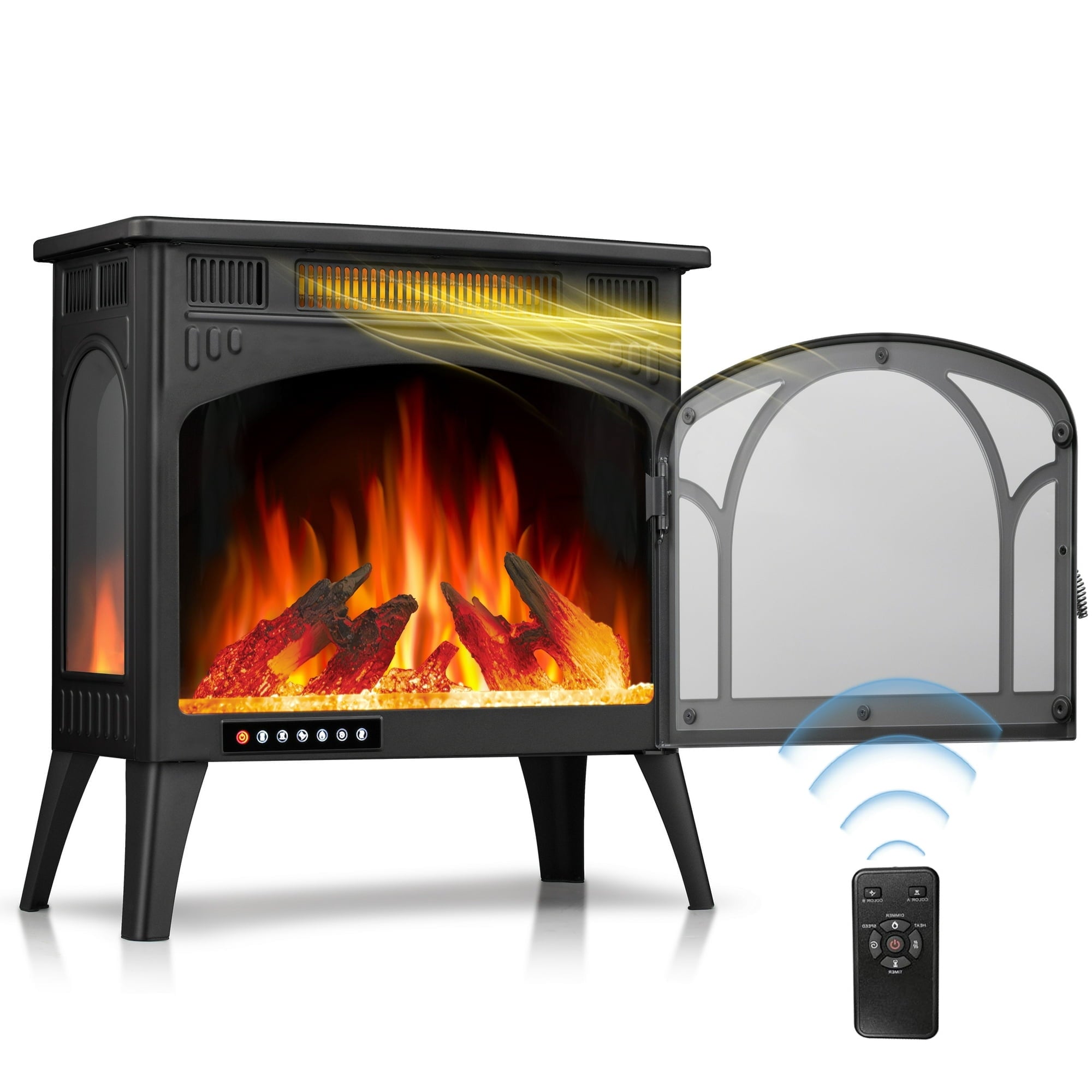R.W.FLAME Electric Fireplace Heater 25" with 3D Realistic Flame Effect, Freestanding Fireplace, Different Flame Color, 500W/1500W,- Black