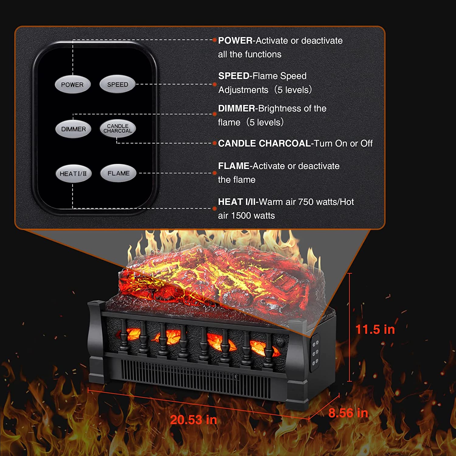 R.W.FLAME Electric Fireplace Log Set Heater with Remote Control,750W/1500W