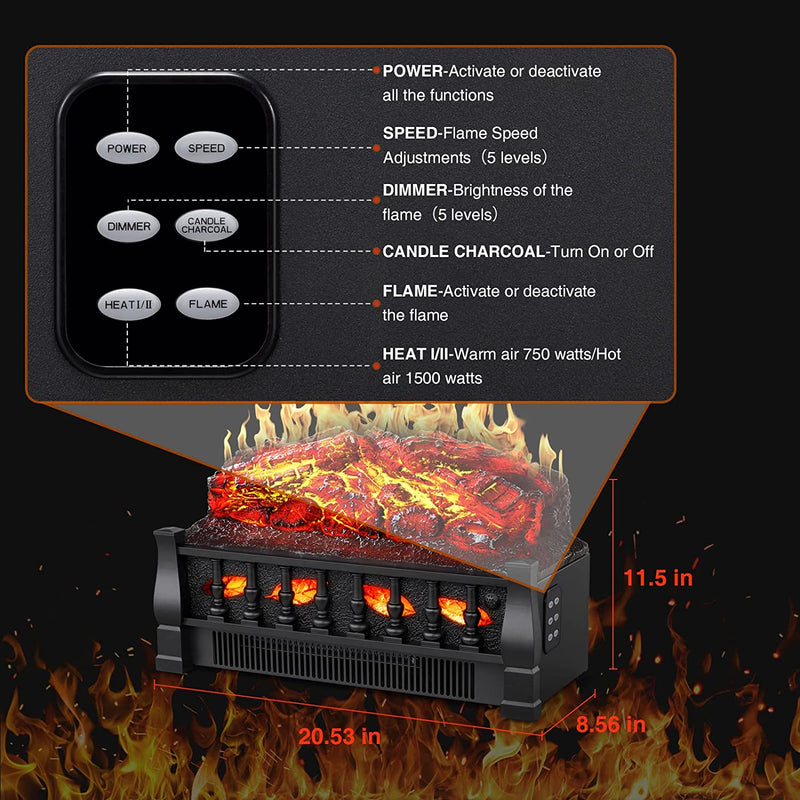 R.W.FLAME Electric Fireplace Log Set Heater with Remote Control, 750W/1500W