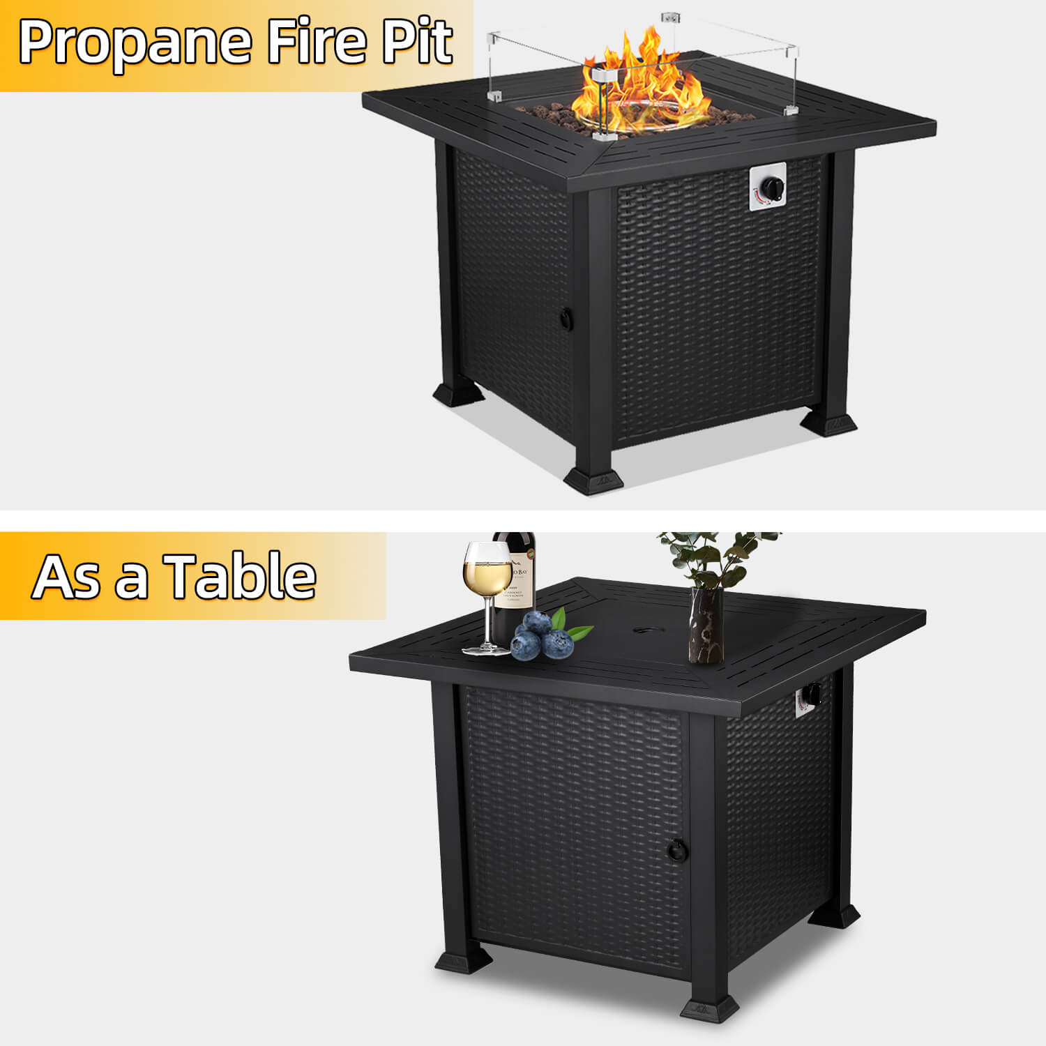 R.W.Flame 32inch Propane Fire Pit,2 in 1 Fire Pit Table 50,000 BTU with Glass Cover