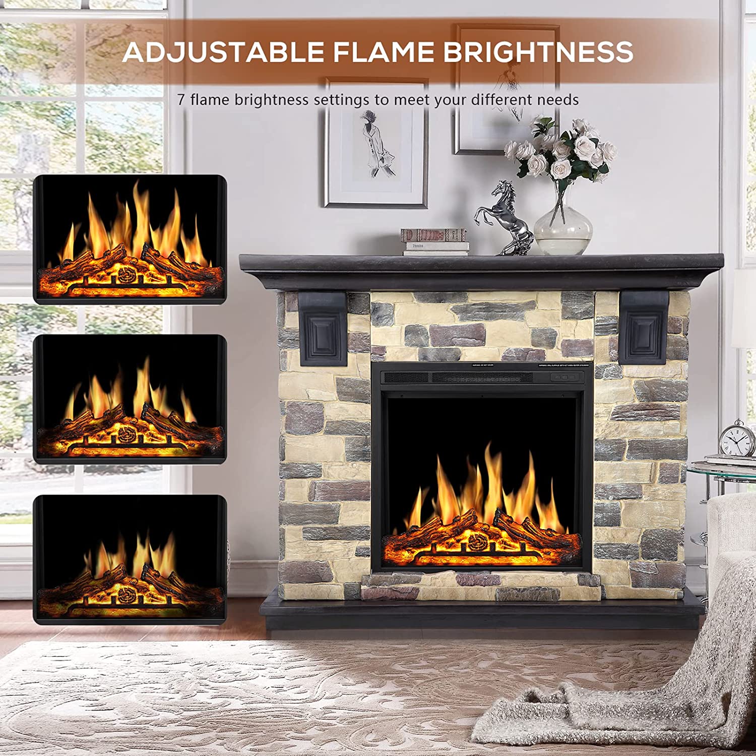 R.W.FLAME Electric Fireplace Mantel Package, 50 inch Freestanding Stone Fireplace Heater TV Stand with Remote Control