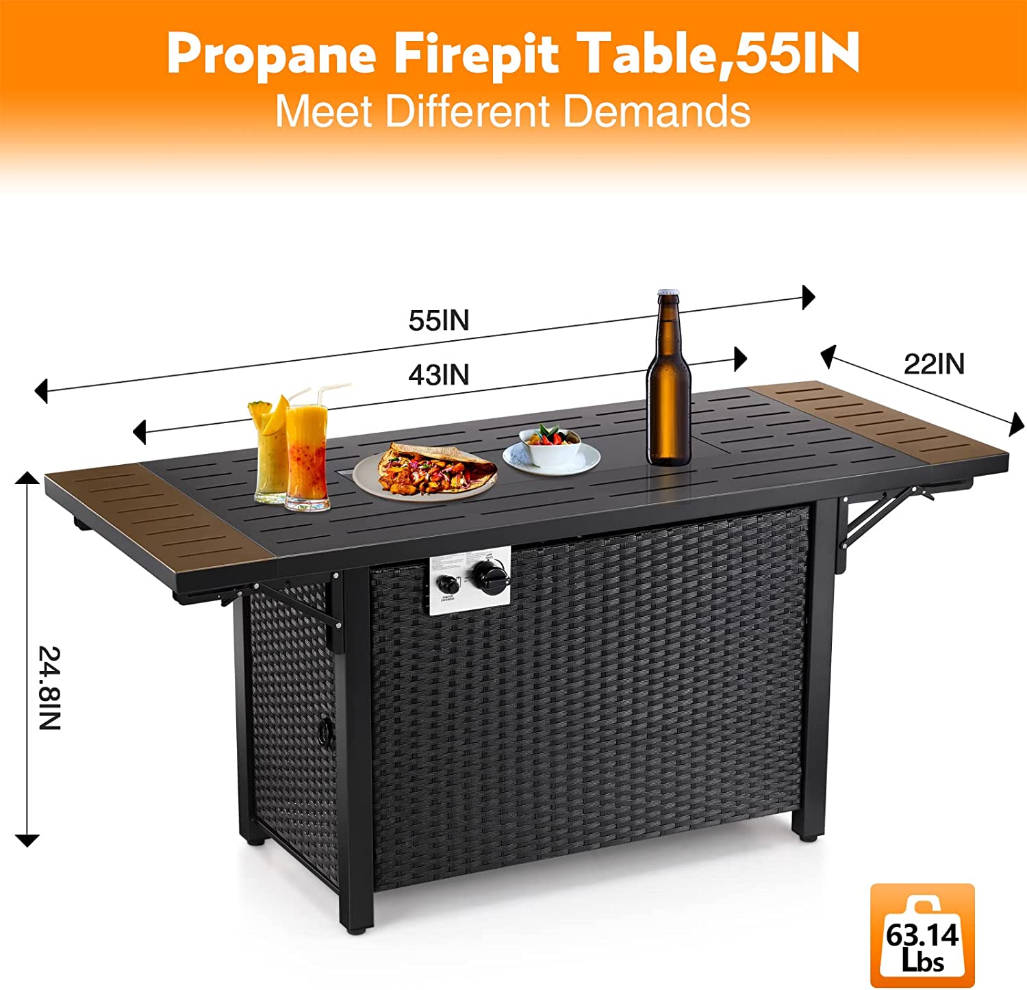 R.W.FLAME 55inch Propane Rattan Fire Pit Table, 50000 BTU