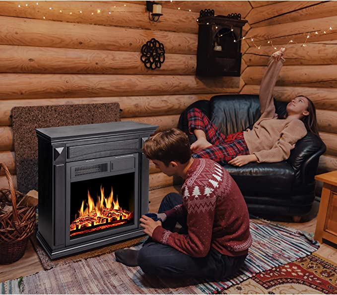 R.W.FLAME  27" Electric Fireplace Mantel Wooden Surround Firebox, Remote Control (Black)